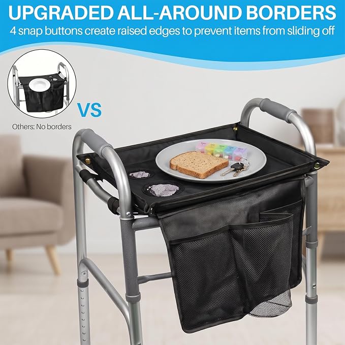 Walker Tray for Folding Walker with Baffles and Cup Holder,Trays for Walkers Detachable,Walker Trays for Rolling Folding Walker,Walker Accessories for Elderly