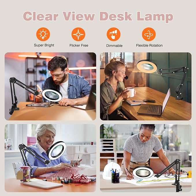 Magnifying Glass Light Clamp Desktop Lamp Stand Desk Table Close Work Up for Crafting, Model Assembly, Reading, Sewing, Jewelry Making, 10X-5X HD Magnifier 50 illumination Options for Elderly