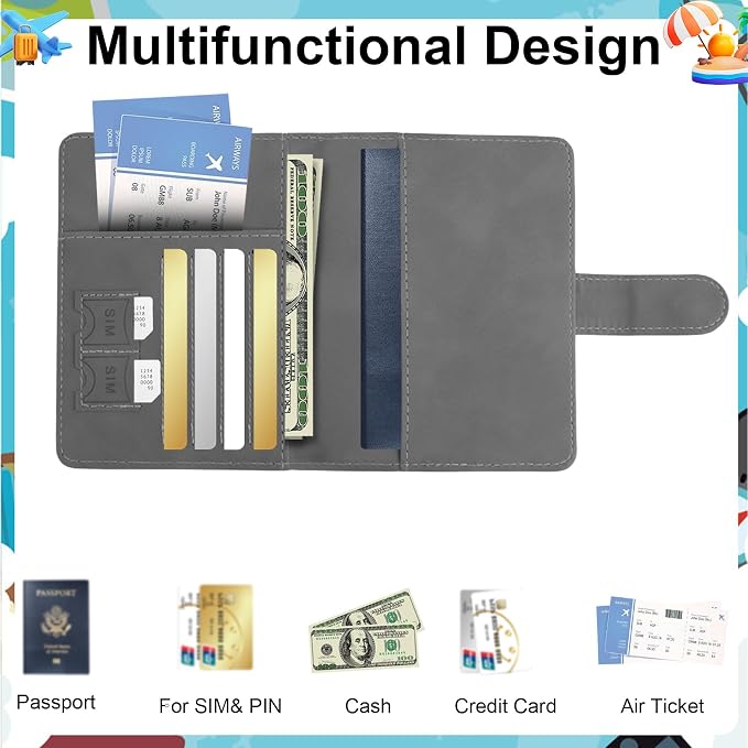 Passport Holder for Travel Essentials, Grey Leather Passport Cover, Passport Wallet Holders for Women Men Family Travel Gifts Must Have Accessories, Credit Card Cash Air Ticket Storage Supplies