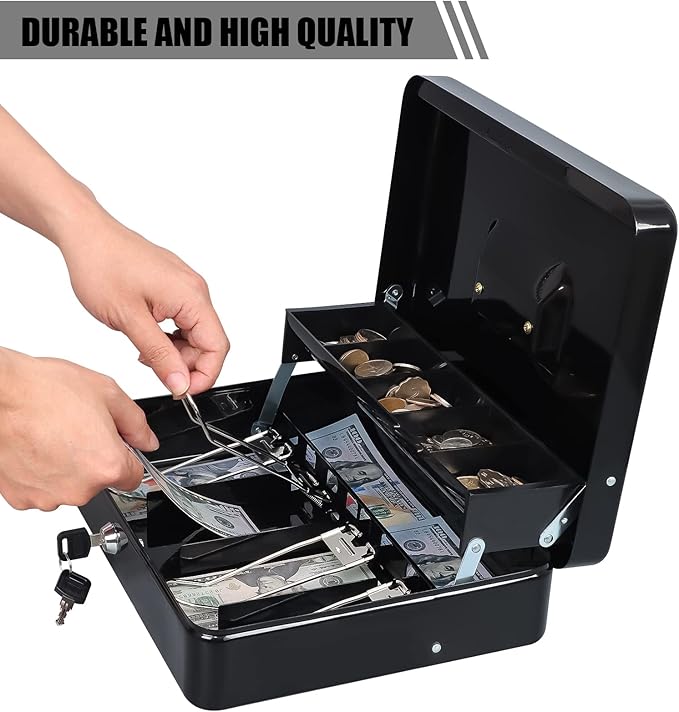 KYODOLED Metal Cash Box with Key Lock, Anti-Theft Cable & Waterproof Pouch | Heavy Duty 0.7mm Steel, Windproof Bill Clips, Hidden Compartment, for Flea Market Vendors & Small Business, 11.8", Black