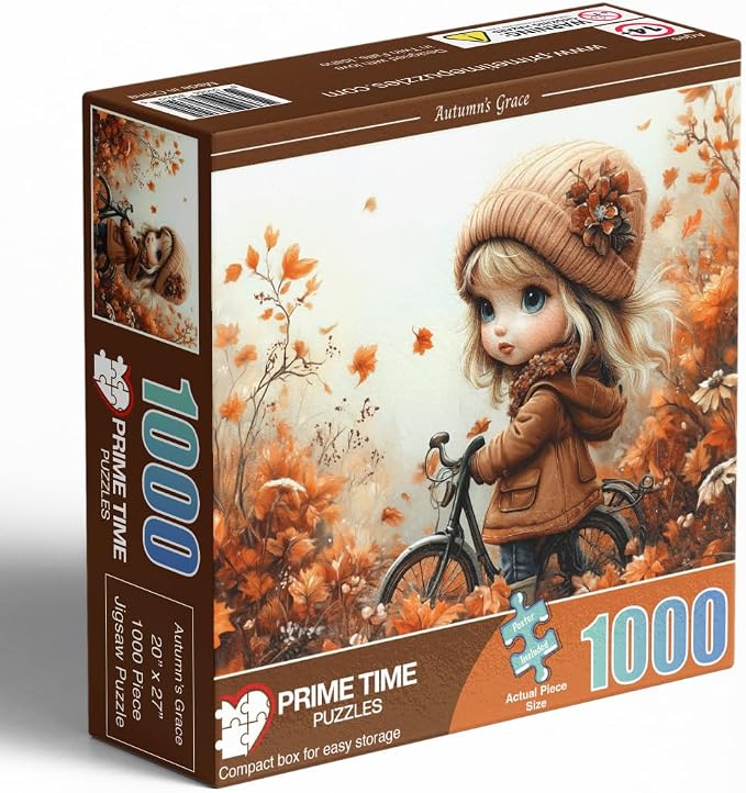 Adult Jigsaw Puzzle 1000 Piece Autumn Scene | Features a girl with a bicycle amid colorful fall leaves. Great for game nights on a table, puzzleboard, or floor.