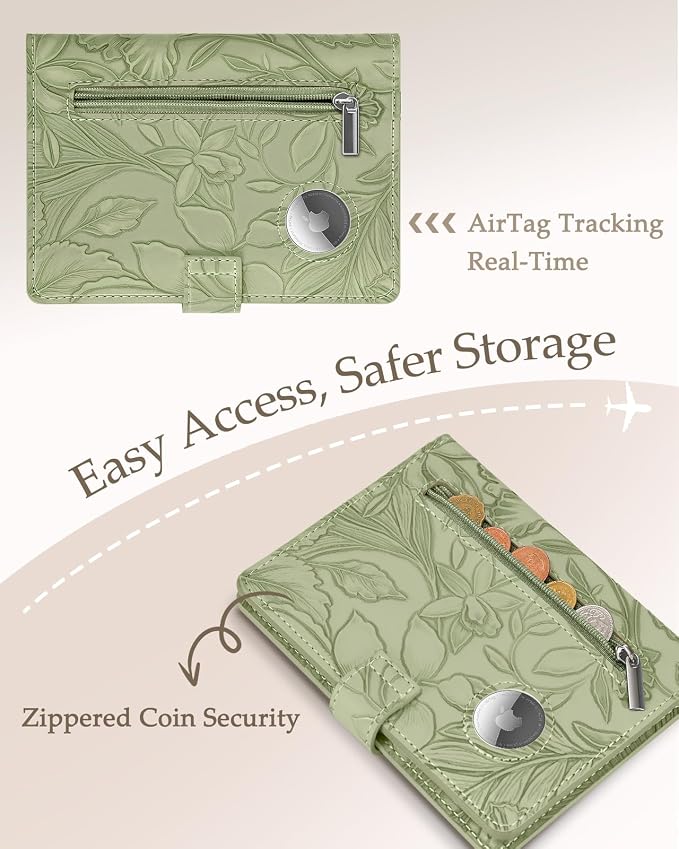 Slohif Elegant RFID Passport Holder for Travel with AirTag Sage Green | Floral Embossed Passport Wallet for Women, Slim Vegan Leather Travel Organizer with Money Pocket and Card Slots
