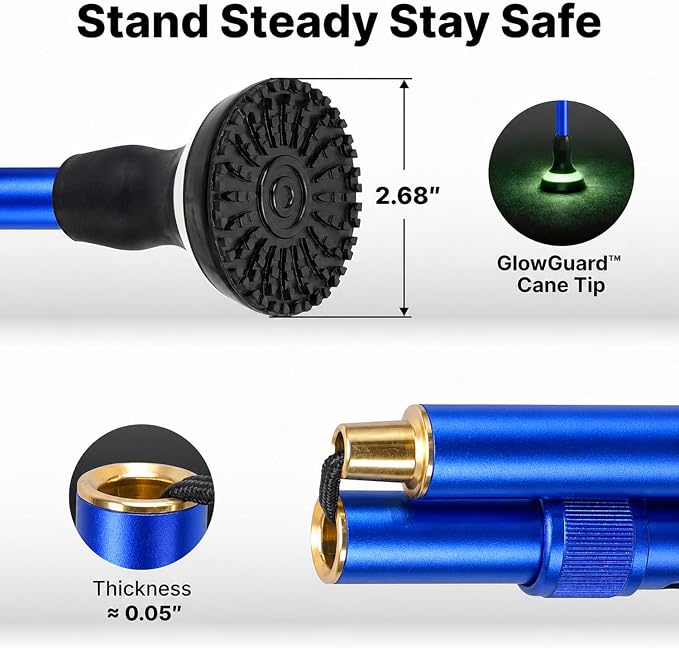 GlowGuard Walking Cane for Men & Women - Extra-Wide 2.68" Glow Cane Tip with Photoluminescent Ring, Height Adjustable (31.1" to 37.8"), 350 lbs Capacity
