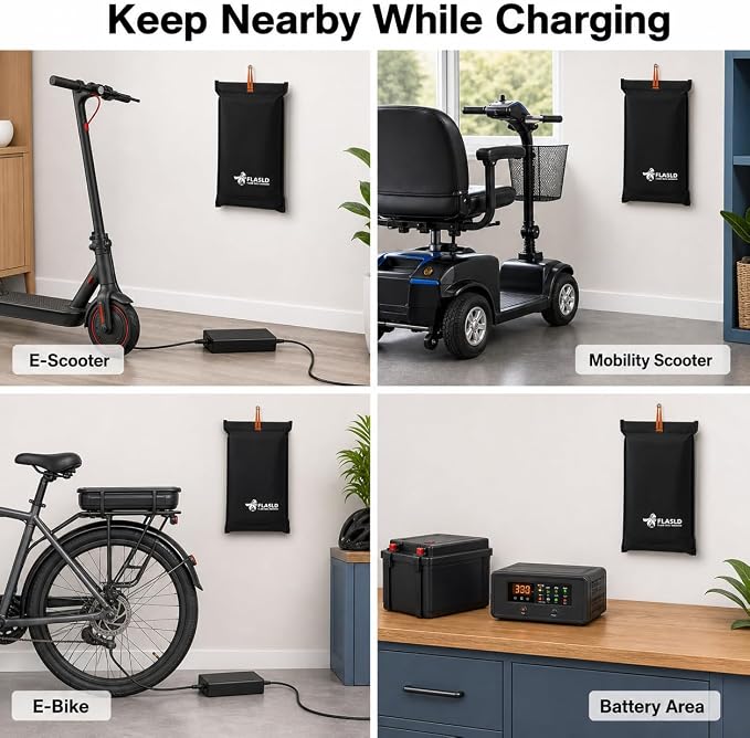 FLASLD Fireproof Lithium Battery Cover, Fastest & Simplest Way to Isolate and Extinguish Small Fires, Fire Blanket for E-Scooter and E-Bike (59×59 inch - Grey)