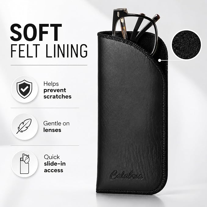 Calabria Half Slip Soft Grain Eyeglass Case 3 PACK BLACK Syn.Leather &Felt Lined