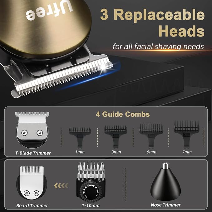 Ufree Hair Clippers for Men, Cordless Beard Trimmer, Grooming Kit, Bronze | T-Blade, 6500RPM, 1-22mm Adjustable Comb, Type-C, 180min Runtime, for Beard, Stubble, Nose and Crisp Edges, Men Gift