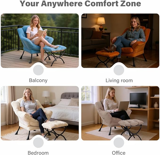 Tiita Lazy Chair with Ottoman, Modern Large Accent Lounge Armchair, Comfy Leisure Sofa Reading Chair with Footrest for Bedroom, Living Room, Dorm Rooms, Garden and Courtyard, Plush Black