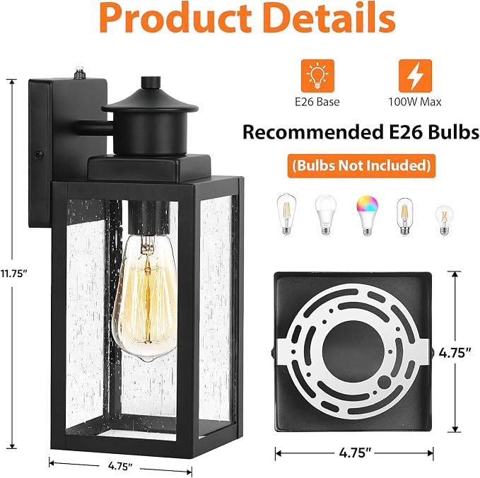 2-Pack Dusk to Dawn Outdoor Wall Lights, Black Modern Porch Lights | Auto ON/OFF, Waterproof, Rust-Resistant, Durable Metal & Seeded Glass, Easy to Install, Ideal for Front Door, Garage