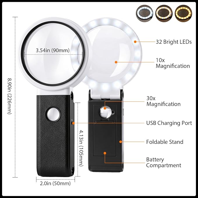 MoKo 10X 30X Magnifying Glass with Light and Stand for Close Work,Reading | Foldable Handheld Lighted Magnifier,32 LEDs 3 Modes,for Coins,Jewelry,Crafts,Seniors & Kids Gifts, Black