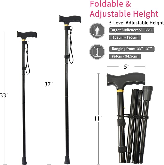 Folding Canes for Men and Women, Floral | 5-Level Adjustable Height, Lightweight Collapsible, Aluminum, Wrist Strap, T Handle, Walking Sticks for Seniors Adults