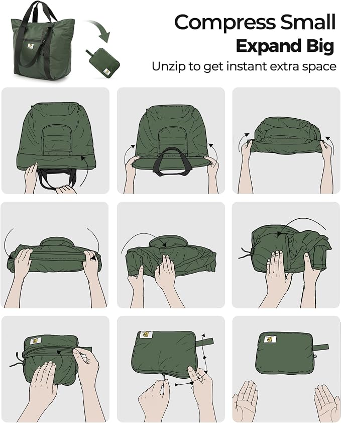 Foldable Travel Bag, 26L Duffle Bag for Travel, Expandable Second Carry-On Bag for Travel & Shopping, Water-Resistant Personal Item Bag, Dark Olive