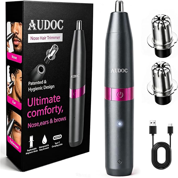 Nose Hair Trimmer for Men with 3 Patented Magnetic Heads | Paintess Nose & Ear Hair Trimmer, Micro-Vacuum & Magnetic Head,USB-C Rechargeable ,Waterproof Design, Painless Grooming Kit,