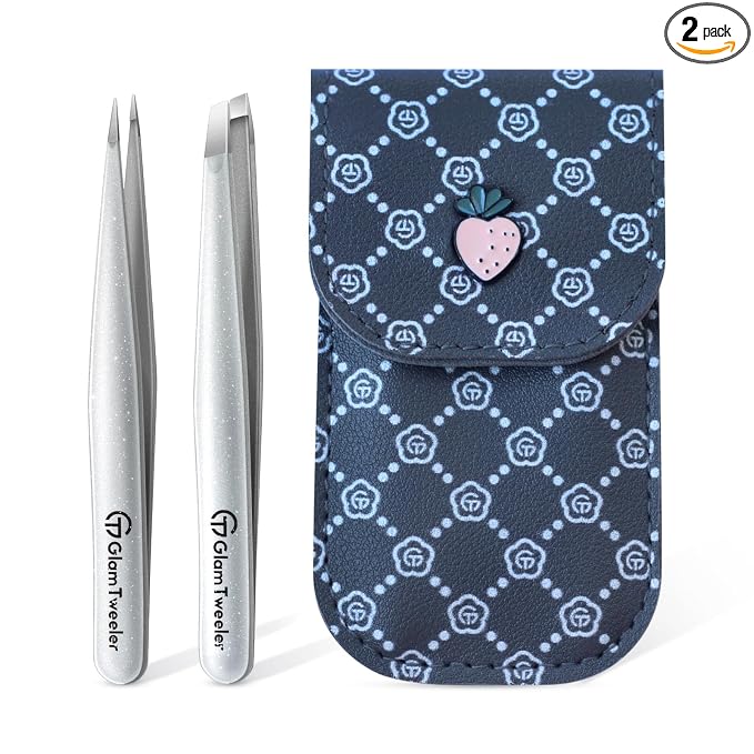 Expert Slant and Point Tip Tweezer Set with Exclusive Storage & Carrying Case, GlamTweeler Sharp & Precision Tweezer Set for Eyebrows, Facial Hairs and Fine Hairs Removal (Sparkle Silver)