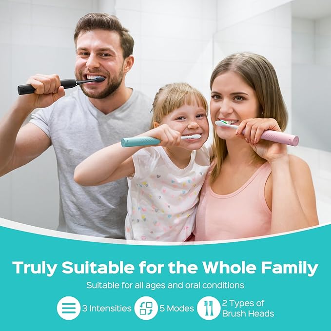 COSLUS Sonic Electric Toothbrush for Adults & Kids: 3 Intensities & 5 Modes Gum-Friendly for Deep Cleaning & Whitening - 2 Types of Heads for Family, Sensitive Teeth, Braces, Travel Home, Green, 1PC