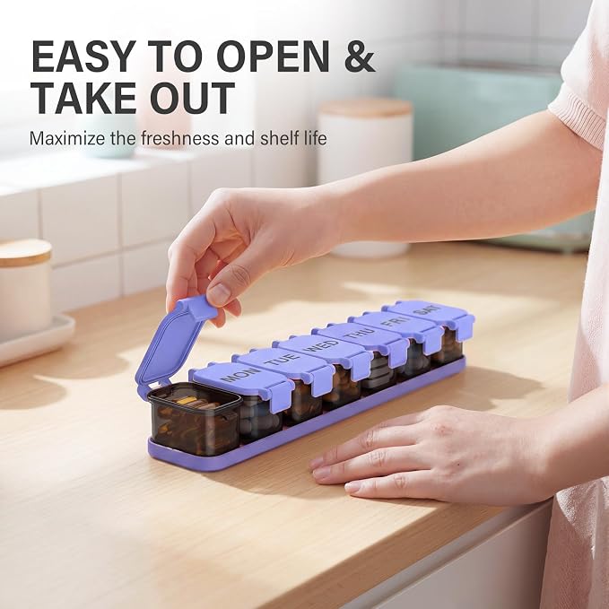 Yaklim Extra Large Weekly Pill Organizer - Waterproof 7-Day Pill Box, Portable Vitamin & Supplement Case, Easy to Open Design, Ideal for Travel and Daily Medication Management (BlackPurple)