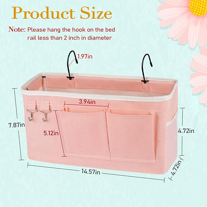 Bedside Caddy Bedside Storage Bag for Headboards/Bunk Bed | Hanging Bed Caddy with Hooks fits Bunk bed Hospital Beds Dorm Bed Rails, Essentials for Phones, Books, Remotes, Water Bottles