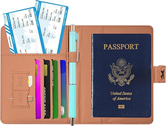 Passport Holder, Cute Travel Wallet Cover with RFID Blocking,Leopard | PU leather travel wallet with magnetic closure, card slots, pen loop, and easy access for passports and essentials.