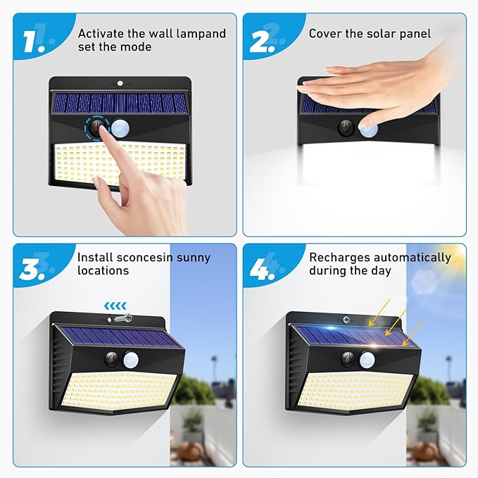 16 Pack Solar Motion Sensor Lights Outdoor Waterproof with 3 Modes | Cool White, Black Frame, LED, Solar Powered, Security Lighting for Outside Wall Garden Fence Yard Deck Patio Garage