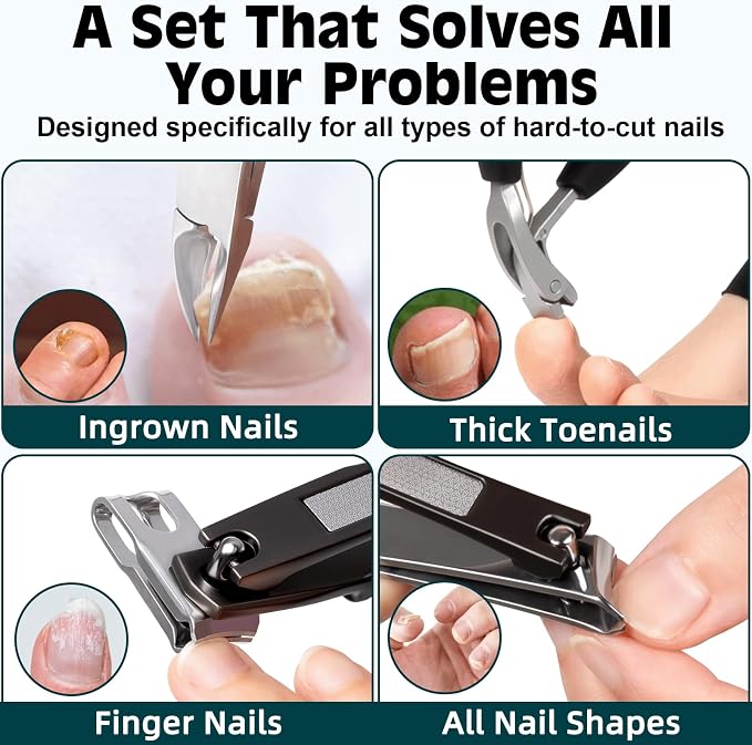 Heavy Duty Toenail Clippers for Thick Ingrown Nails Fingernail Set | Ultra Sharp All-IN-ONE Kit: 15% Thicker Premium Sturdy Podiatrist Toe Nail Care Tools. Perfect Grooming Gifts with Case