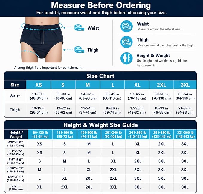 AQX Reusable Adult Swim Diapers Special Needs, Incontinence Swimwear L | Waterproof Adult Diapers for Swimming, Washable Pool Underwear for Seniors Incontinence Special Needs, SPA, Beach or Travel