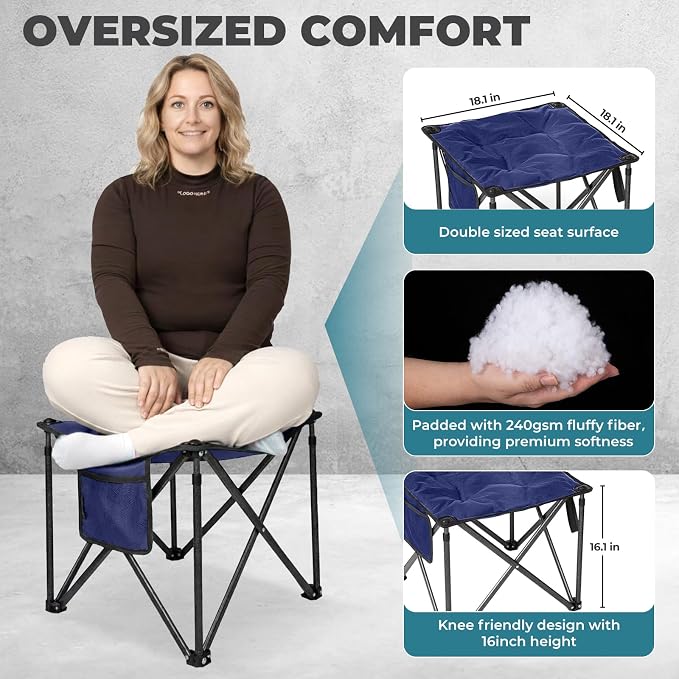 FUNDANGO Oversized Camping Stool for Adults, 2 Pack Thick Padded 18.1 Inch Folding Ottoman Foot Rest, 440 Lbs Heavy Duty Outdoor Camp Chairs with Anti-Slip Foots & Carry Bag for Fishing Travel (Blue)