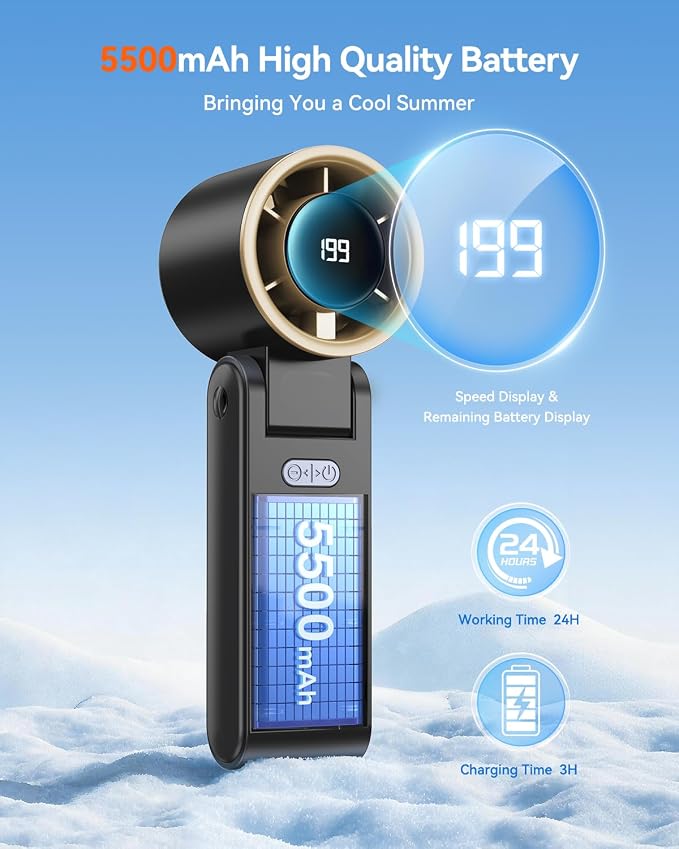 Portable Handheld Turbo Fan, 199 Gear Speed, 24 Hs Cooling Time, 5500mAh Rechargeable Mini Personal Hand Fan, Foldable Design, Travel Essentials, Beach Vacation, Gifts for Women, Men,Black Gold