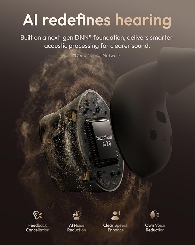 Cearvol-Wave Lite OTC Hearing Aids with Bluetooth App Control AI Noise Reduction AUX-in OVR Rechargeable for Mild to Moderate Severe Hearing Loss Adults Seniors, Starlight