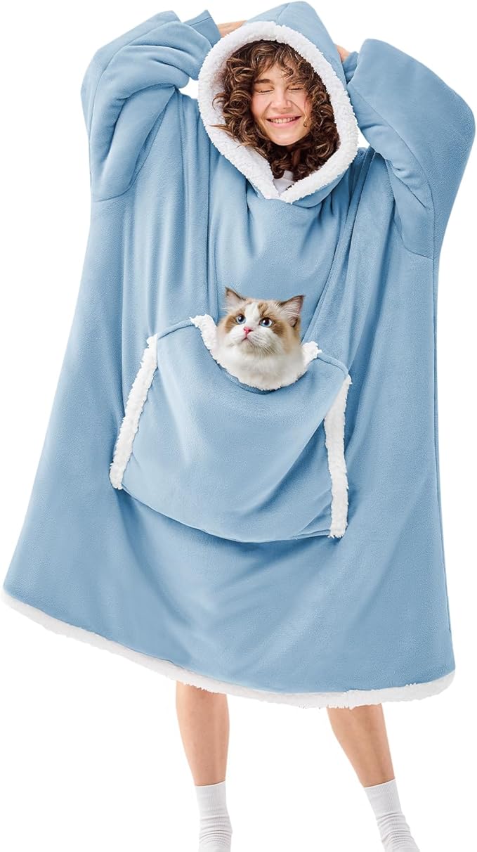 JOYWOO Oversized Wearable Blanket Hoodie,Cat lovers Long Hoodie Blanket for Adult,Birthday Gifts for Women Men Mom,Cozy Sherpa Sweatshirt Hooded Blanket Giant Pocket Winter Gifts,Denim blue Oversize