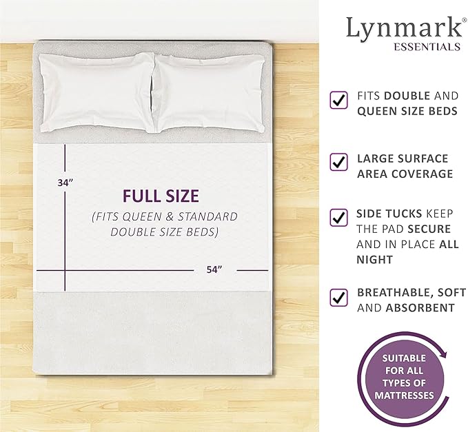 Lynmark® 2X Washable Bed Pads - Non-Slip Waterproof Mattress Protector Underpads with Extra Long Tucks - Ultra-Absorbent Oeko-Tex Certified Cotton Incontinence Pad for Bedwetting - Full (34" x 54")