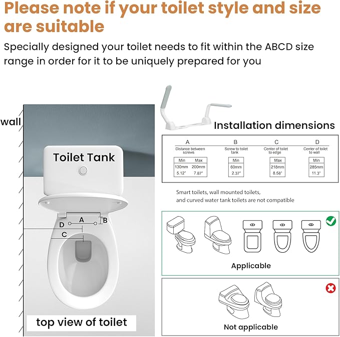 Toilet Safety Rails for Seniors 、 Adjustable Armrest, Space Saving, Stylish and Durable, Anti Slip and Anti Fall, Suitable for Elderly, Disabled, Pregnant Women with Armrest Toilet Safety Rail