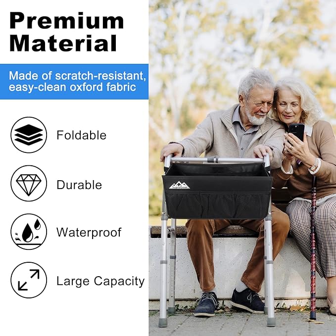 supregear Walker Basket, Foldable Walker Bag with Cup Holder, Storage Pouch with Large Capacity and Never Tipping Over, Hand-Free for Seniors Elderly, Not Fit for Rollator, Black