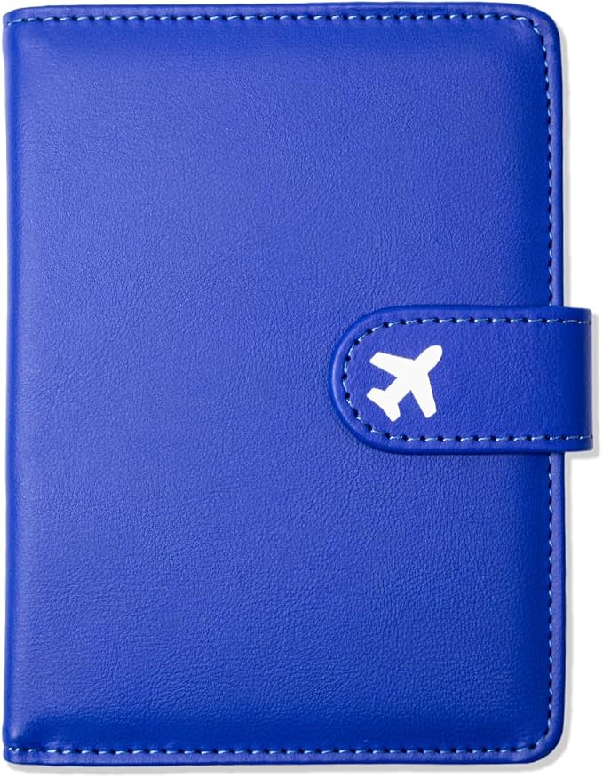Passport Holder, Cute Travel Wallet Cover with RFID Blocking,Blue | PU leather travel wallet with magnetic closure, card slots, pen loop, and easy access for passports and essentials.