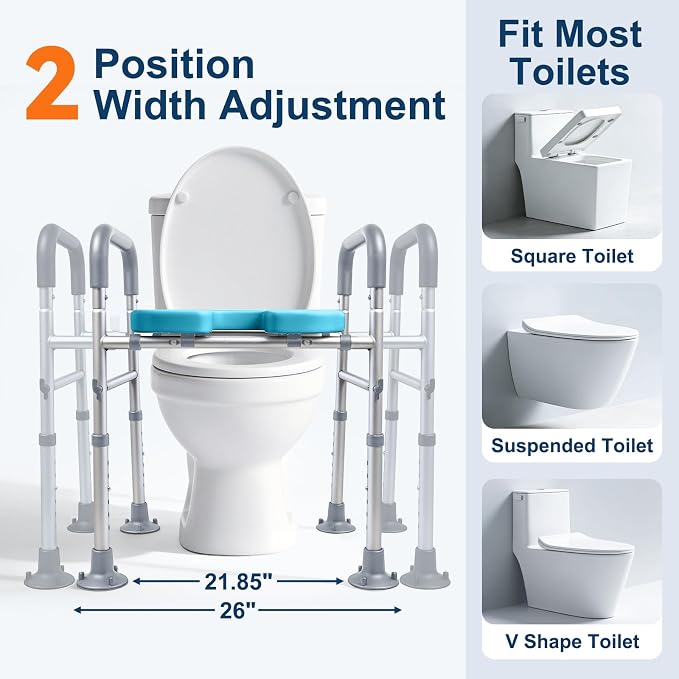 Adjustable Raised Toilet Seat with Handles for Seniors, Grey | 400lbs Capacity Elongated Toilet Seat Riser, Elevated Toilet Seat with Soft Cushion & Removable Armrests