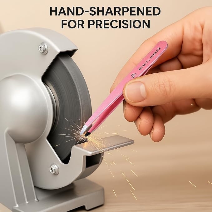 Beauty Power Slant Tip Precision Tweezers - Stainless Steel Eyebrow Tweezers for Women & Men - Precision Tweezers for Facial Hair, Ingrown Hair & Brow Shaping - Professional Beauty Tool (Pink)