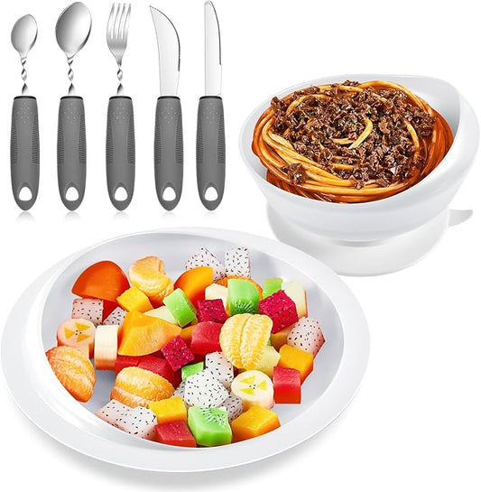 2 Sets Adaptive Utensils Bowl and Plate Set Adaptive Self Feeding Dinnerware with Suction Base Non Slip Bendable Cutlery for Elderly Disabled Hand Tremors Arthritis Parkinson(White)