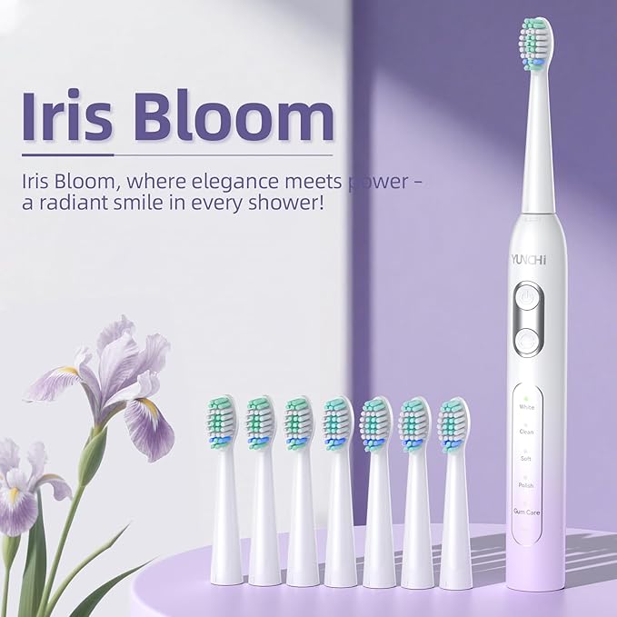 YUNCHI Electric Toothbrush Birthday/Valentine Plastic 8 Dupont Heads 24-Mo Deep Cleans Gentle Gums Removes Stains 3Hr USB-C 90d 2-Min Timer/30s IPX7 - Purple