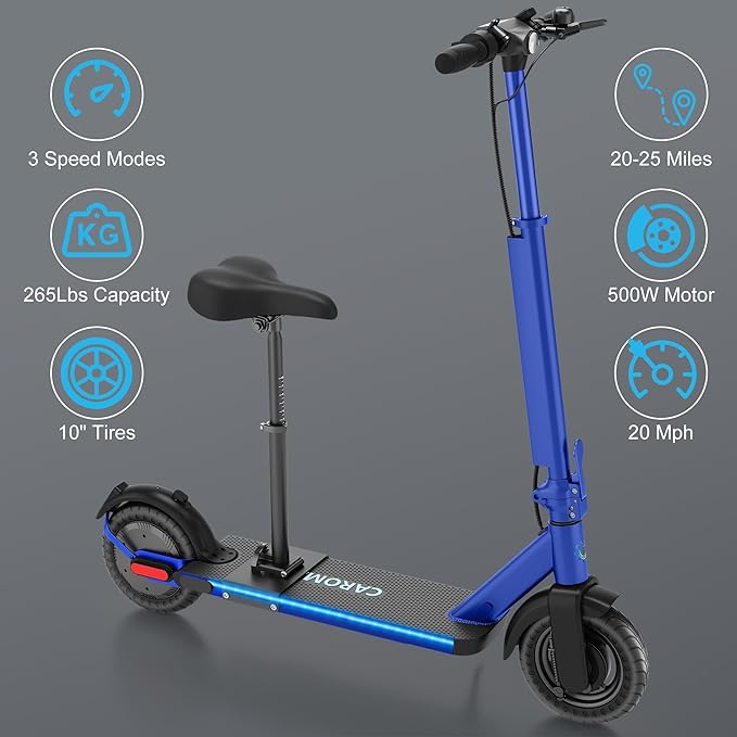Caroma Electric Scooter with Seat Option,500/350W Motor Up to 25/20 Miles Range & 25/20 MPH Speed,9" Tires,Adjustable Electric Scooter for Adults,Foldable Commuting