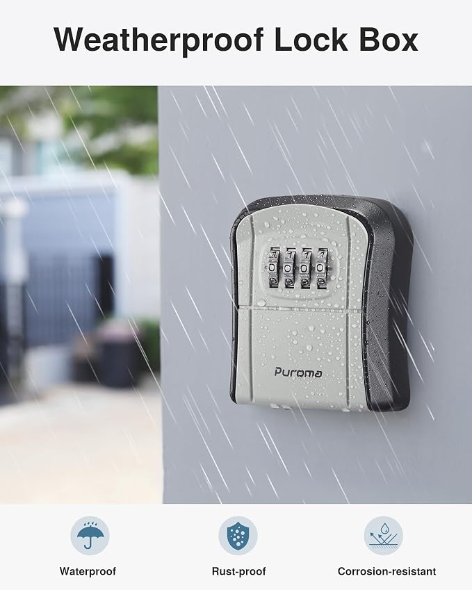 Puroma Key Lock Box Combo Wall-Mounted Storage Safe Lockbox Home Office | Outside, Portable, Wall Mount, Resettable, Combination, Weatherproof, High-capacity, Hold 5 Keys, Contractor Guest Realtor