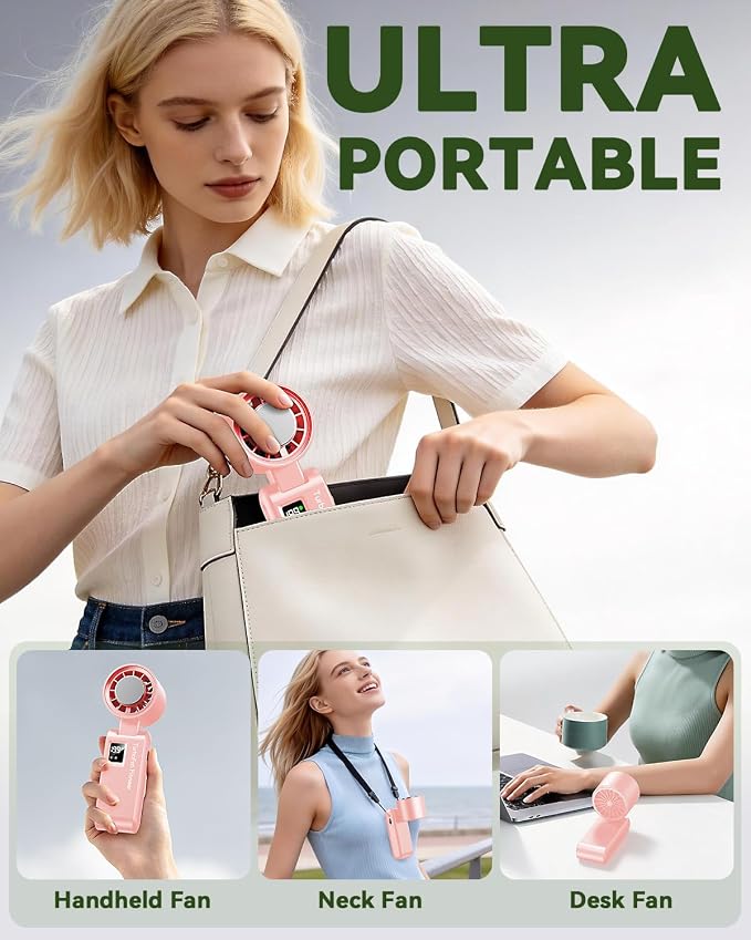 Portable Handheld Fan with Ice Cooling, 7.5m/s High Speed Turbo Fan, 150° Foldable 4-in-1 Personal Neck Fan, 199 Speed Stepless Control, USB-C Rechargeable for Travel, Makeup, Hiking,Pink