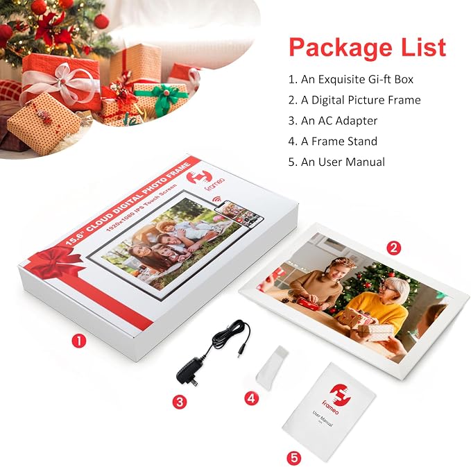 Frameo 15.6 Inch Digital Picture Frame WiFi, White Digital Photo Frame 1920x1080 IPS HD Touchscreen, 32GB Storage Share Photos/Videos, Tabletop&Wall-Mounted, Wedding, Birthday, Gifts for Loved Ones