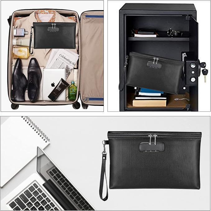 Fireproof Money Bag with Lock, 11.2"x7.6" Fireproof Cash Bag with Zipper Closure, Storage Pouch for A5 Size Document, Cheque, Cash, Cell Phone, Tablet, Credit Card, Passport, Jewelry (Black)