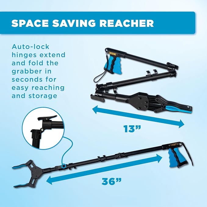 36-Inch Folding Grabber Reacher Tool, Blue, for Seniors | Magnetic Tip, 360° Rotating Jaw, Ergonomic Trigger Grip, Folds & Locks for Storage, Post-Surgery & Arthritis Recovery Aid