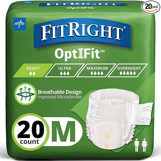 FitRight OptiFit Extra Adult Briefs, Incontinence Diapers with Tabs, Moderate Absorbency, Medium, 32 to 44", 20 Count