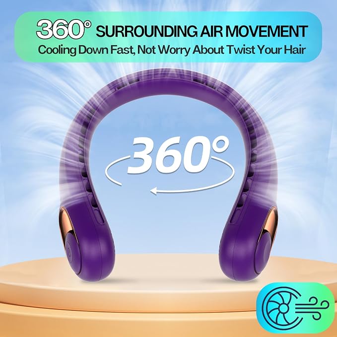 KIDEE Portable Neck Fan, 4000mAh Rechargeable, 360° Airflow, Hands Free Bladeless Wearable Fan, 2 Pack, Purple