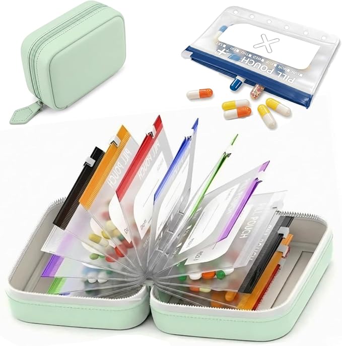 Travel Pill Organizer Binder with 14 Color-Coded Zipper Pouches(1Green) | Waterproof PU Exterior • Flexible 3-Ring System • Writable Labels • Crush-Resistant Shell