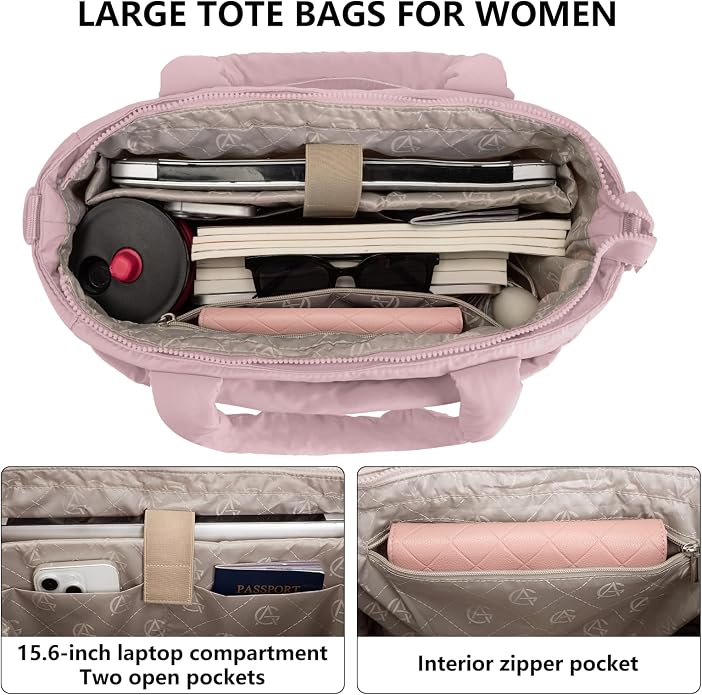 Puffer Tote Bag for Women Quilted Nurse Bag Lightweight Work Bag for Teacher Travel Handbag with Multiple Pockets