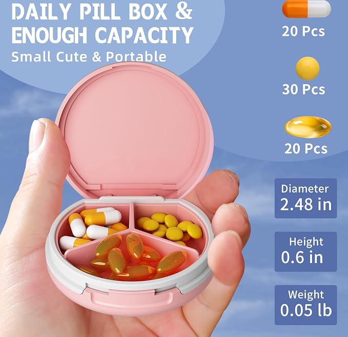 Serfeymi Small Pill Case for Purse, Unique Artistic Patterns Travel Pill Box with 3 Compartments, Portable Mini Pill Organizer for Pocket, Decorative Pill Container for Purse - Dark Blue(Logo)