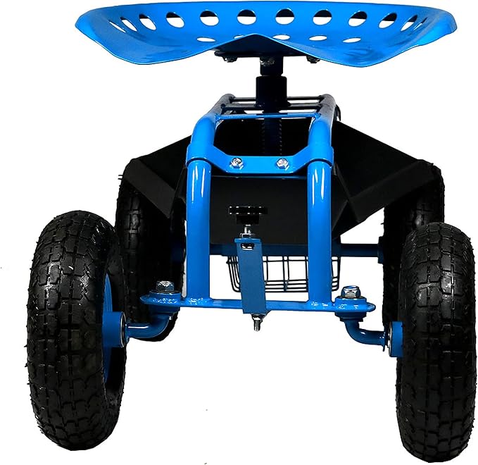 Sunnydaze Rolling Garden Cart with Seat, Blue | Garden Stool with Wheels, Adjustable 360-Degree Swivel Seat, Utility Tool Tray and Storage Basket