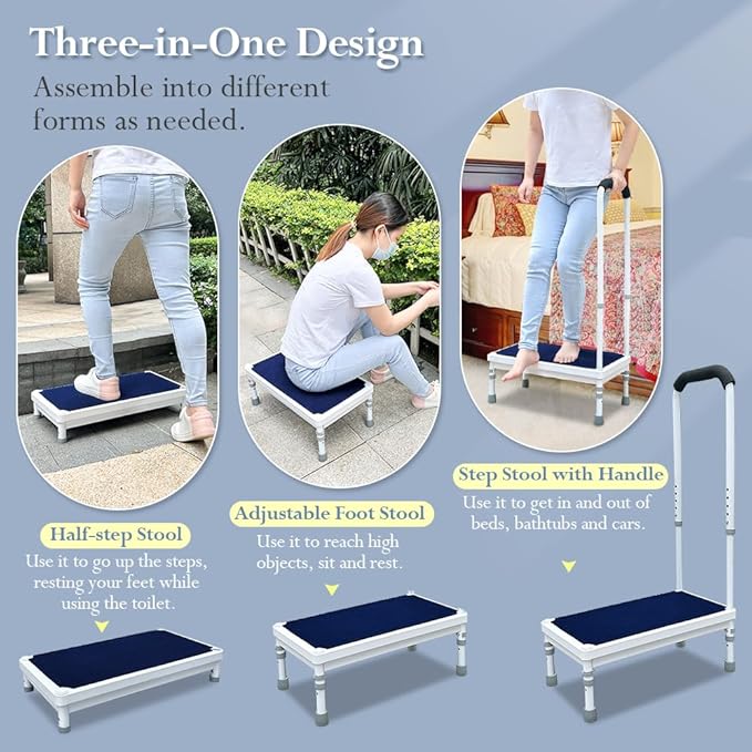Bedside Steps for High Beds Step Stool with Handle for Elderly Adult Medical Heavy Duty Safety Stepstools for Seniors 400 Lb Capacity Non-Slip Wide Platform to Get in Bed, Car, Bathroom (Blue-21.6")