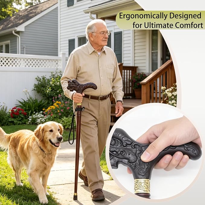 Wooden Walking Canes for Men and Women, Natural Rosewood Walking Sticks for Senior Support, Up to 500 Lbs Walking Stick, Heavy-Duty Walking Cane for Men, Suitable for Gift
